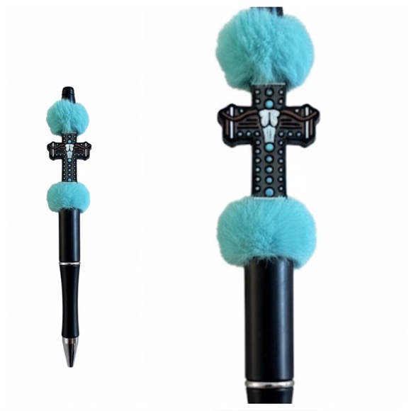 OOAK Western Artisan Pen , Refill & Bag | Turquoise Furry Pom | Real Touch Charm - Picture 6 of 8